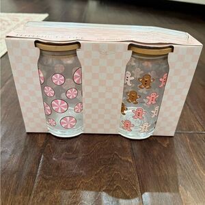 Peppermint and Pine Two Sippers Glass Tumbler Cup Pink Christmas Gingerbread NEW